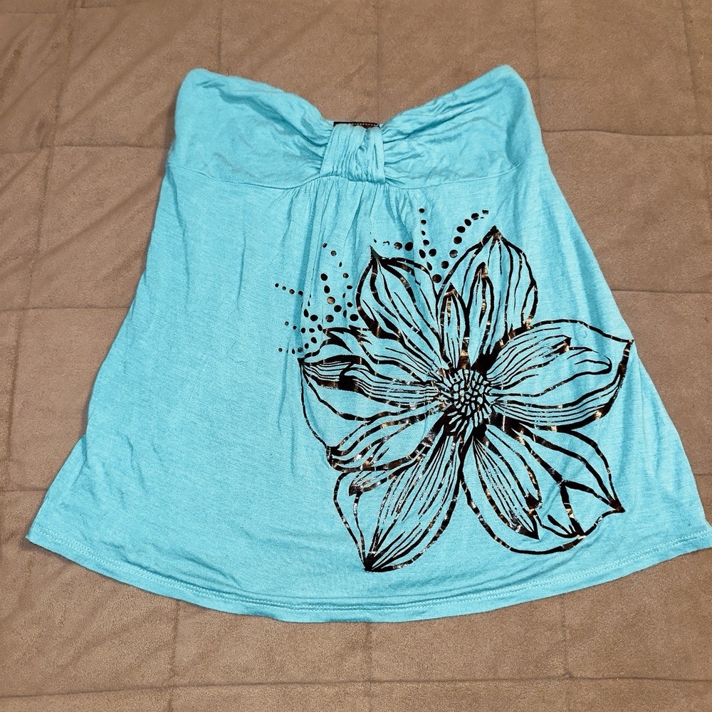 Vintage Y2K Wet Seal Bandeau Strapless Tube Top Medium Floral Turquoise 2000's